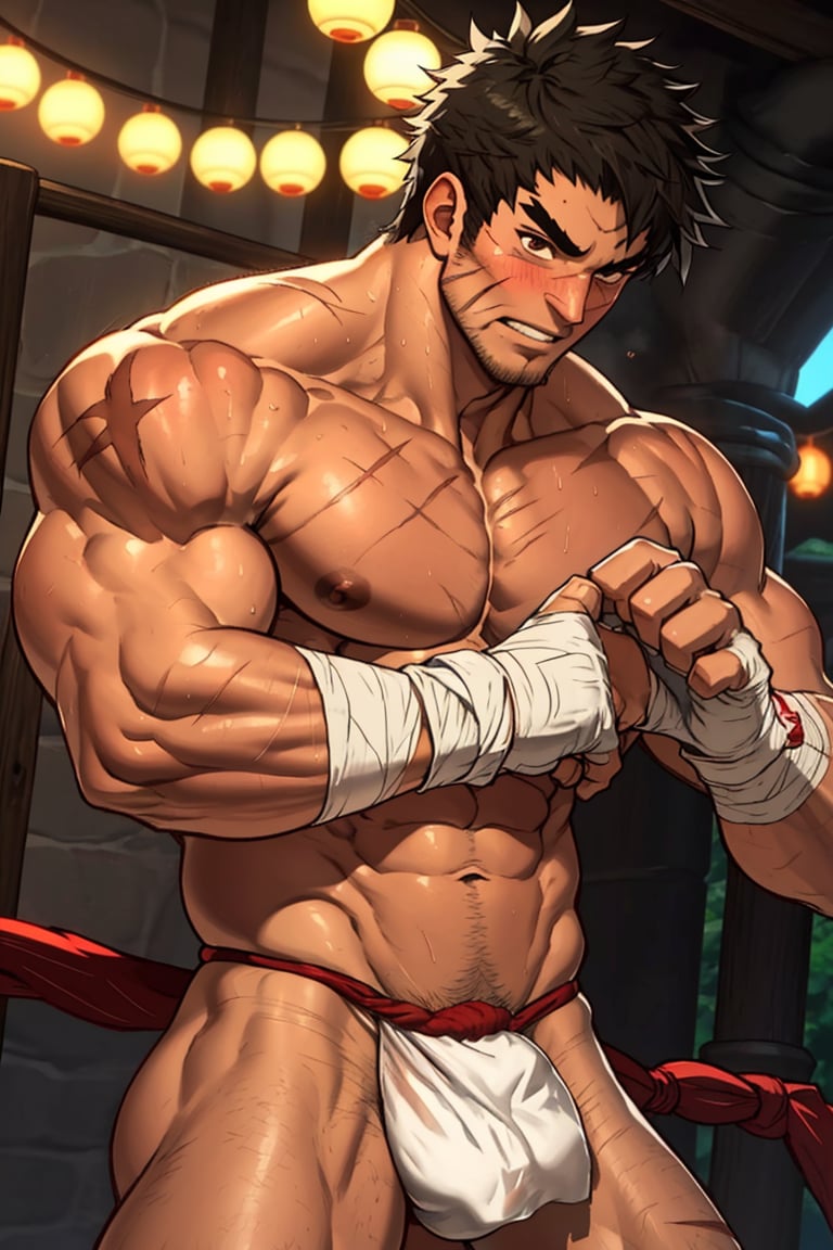 solo male, Grappler, Dungeon Fighter Online, black hair, short hair, brown eyes, thick eyebrows, forked eyebrows, stubble, scars on face, scar on cheek, scar on chest, pectoral cleavage, complete topless. shirtless, bottomless, ((pure white fundoshi)), yellow fingerless gloves, barefoot, bandaged hand, bare shoulder, bare arms, toned male, mature, handsome, charming, alluring, erotic, ((blush, shy)), sweaty shiny skin, fighting stance, upper body, perfect anatomy, perfect proportions, ((perfect eyes, perfect, parfect fingers)), best quality, masterpiece, high_resolution, dutch angle, photo background,Fundoshi