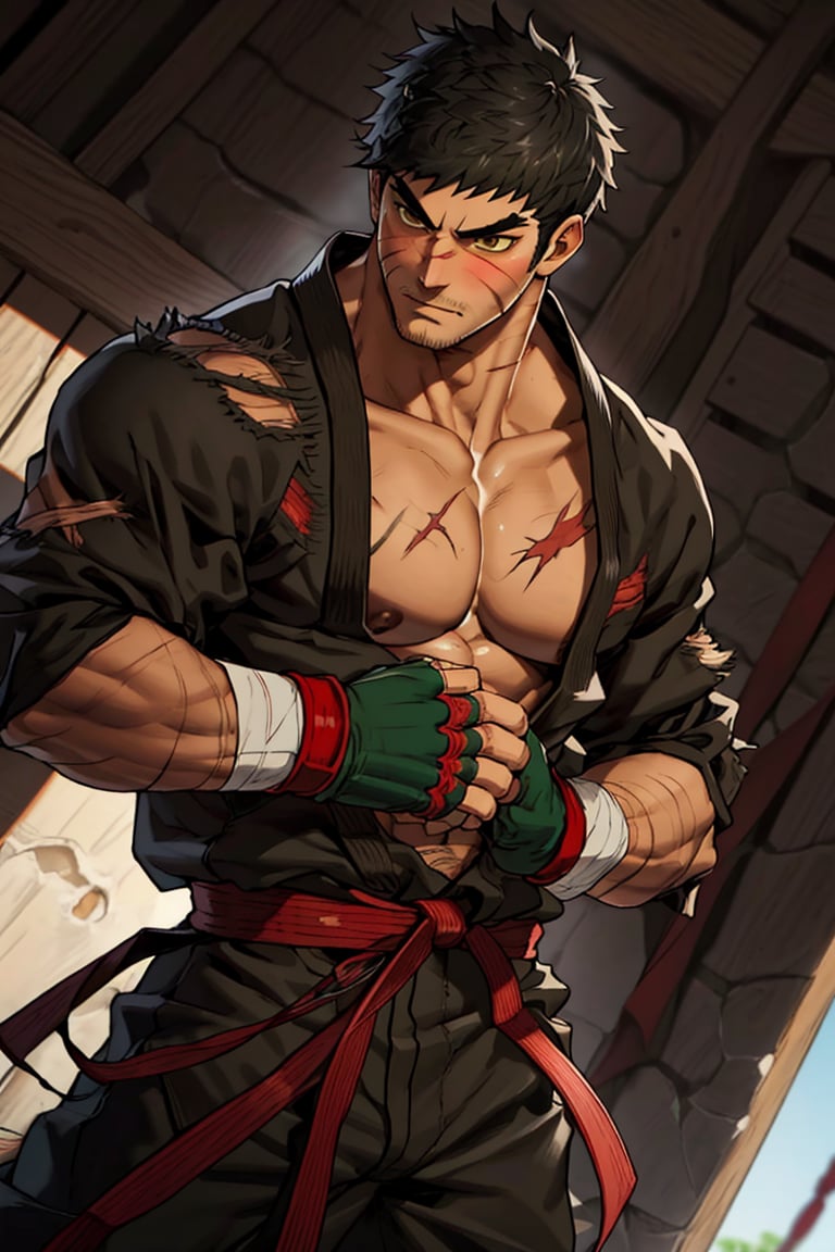 solo male, Grappler, Dungeon Fighter Online, black hair, short hair, brown eyes, thick eyebrows, forked eyebrows, stubble, green eyes, scars on face, scar on cheek, scar on chest, pectorals, pectoral cleavage, rn black dougi, black martial arts pants, red martial arts belt, yellow fingerless gloves, barefoot, bandaged hand, toned male, mature, handsome, charming, alluring, erotic, (blush, shy, clothes down, undressing), upper body, perfect anatomy, perfect proportions, ((perfect eyes, perfect, parfect fingers)), best quality, masterpiece, high_resolution, dutch angle, photo background