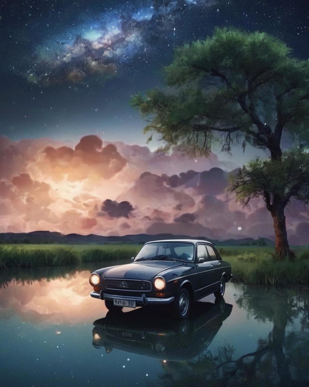 a car is parked in the water at night , outdoors, sky, cloud, water, tree, no humans, night, grass, ground vehicle, star (sky), scenery, motor vehicle, reflection, sunset, car, road, twilight, evening , by wlop, , Sanya Glisic , Aitch , Milky Way, Constellations, Meteor Shower, Aurora<lora:cyber_aesthetic_sdxl:1.0>