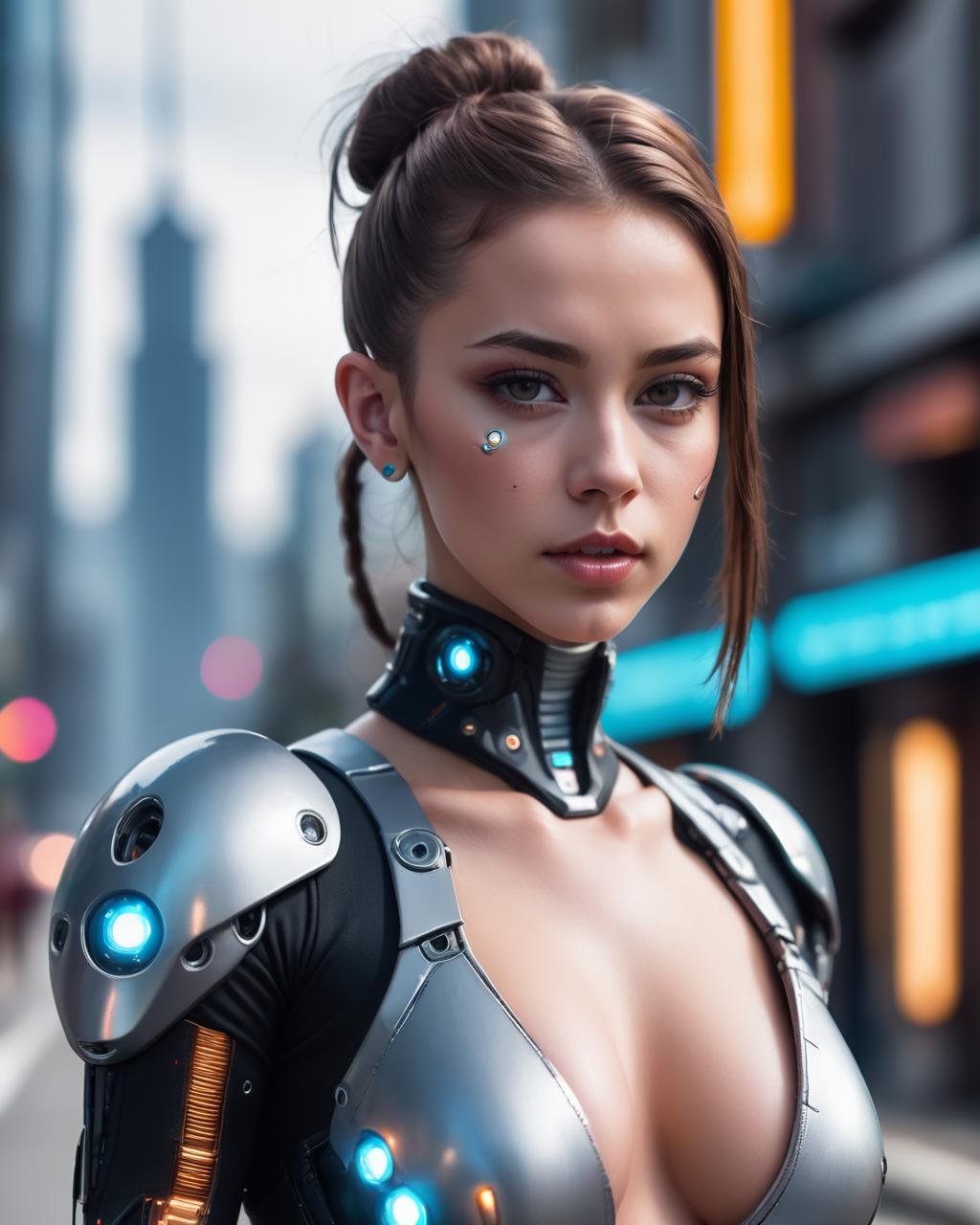 a woman in a futuristic suit standing in a street , 1girl, solo, breasts, looking at viewer, brown hair, brown eyes, jewelry, upper body, earrings, outdoors, solo focus, hair bun, blurry, lips, bodysuit, blurry background, piercing, single hair bun, science fiction, realistic, cyborg, street, cyberpunk