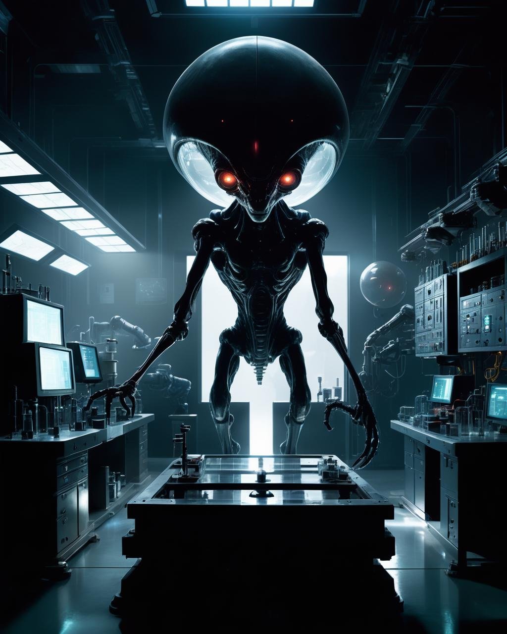 -An eerie sci-fi scene set in a shadowy laboratory, where a team of scientists is conducting experiments on a mysterious alien artifact. Detailed machinery, scientific instruments, and complex computer interfaces create a sense of authenticity and realism, while ominous lighting and a sense of foreboding add tension and suspense.