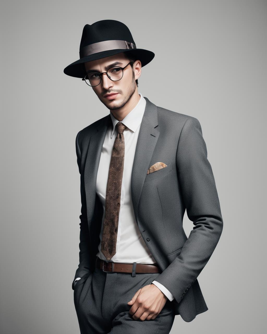 a man with a hat and glasses wearing a suit ,  fashion photography