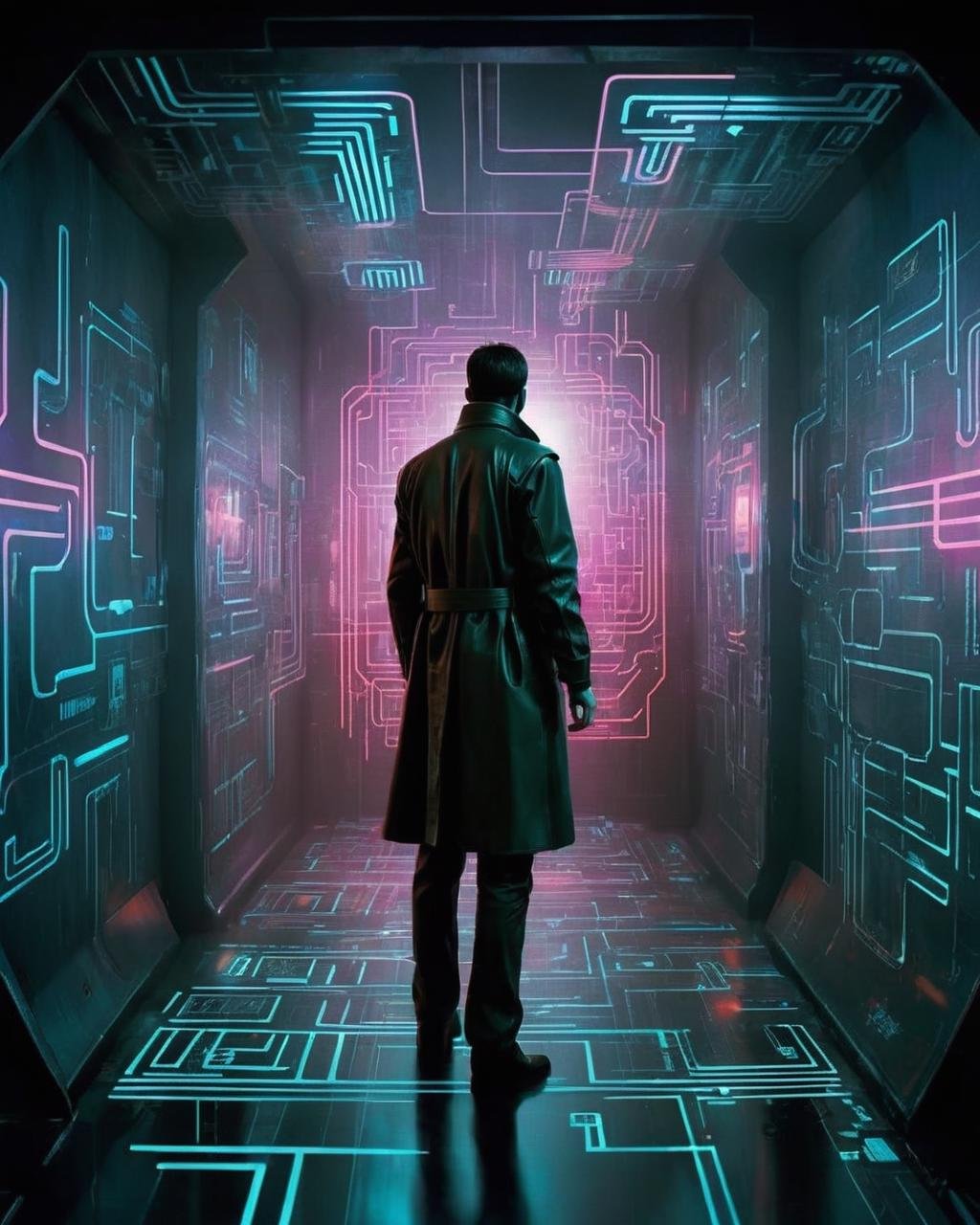 Blade runner, a trench-coated detective pursuing a suspect through a maze of interactive holograms, each step a potential trap. , cyberpunk style