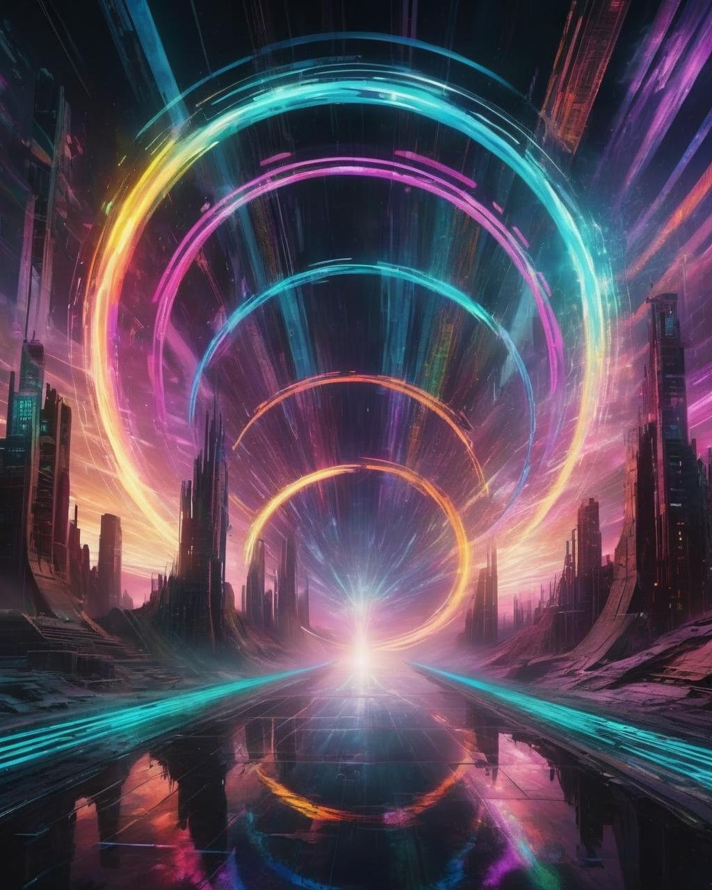 Vortex portal, swirling rifts in reality connecting different dimensions, casting multicolored beams across the dystopian landscape. , cyberpunk style