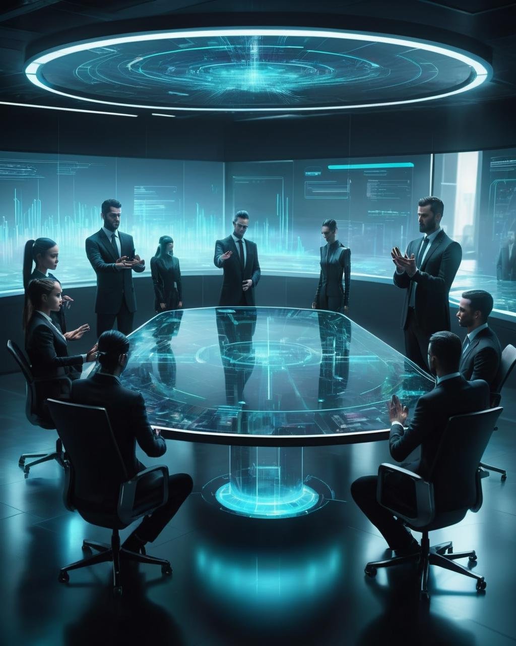 Megacorporate boardroom, executives seated around a holographic table, manipulating data with futuristic hand gestures. , cyberpunk style