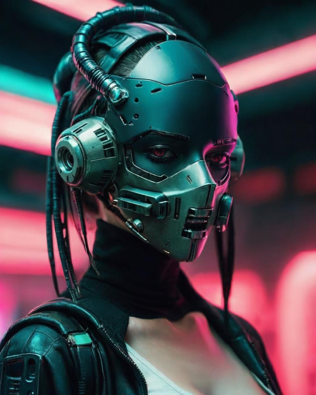 a woman with a mask on her head , cyberpunk style