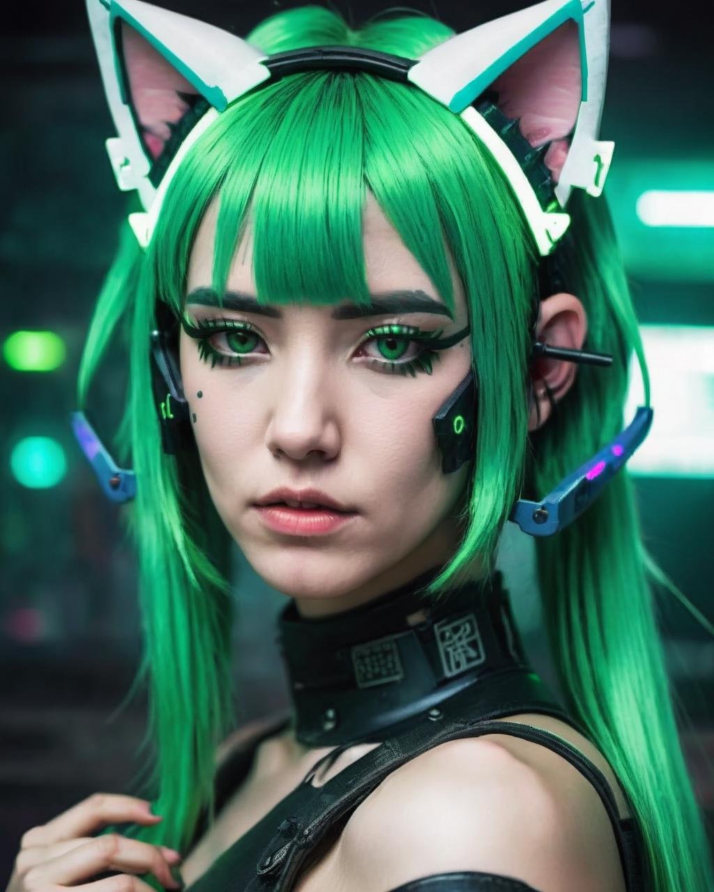 a woman with green hair and cat ears , cyberpunk style