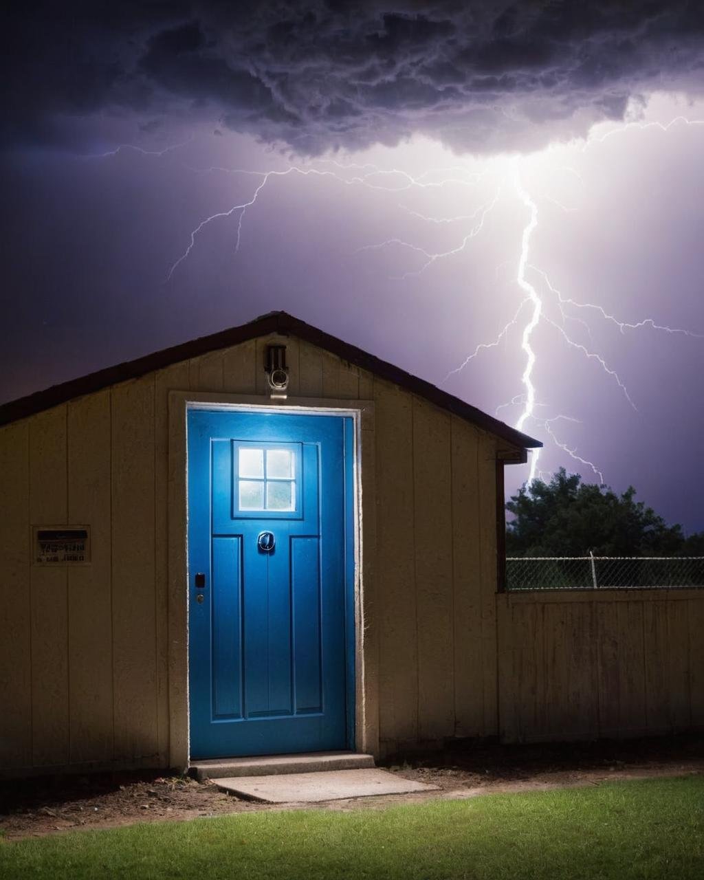 a building with a blue door and a lightning bolt in the background , outdoors, sky, cloud, no humans, window, night, night sky, scenery, fence, lightning