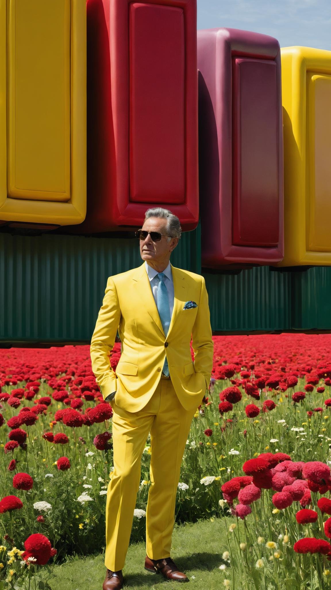 a man in a yellow suit standing in a field of flowers , a large room with a lot of red chairs