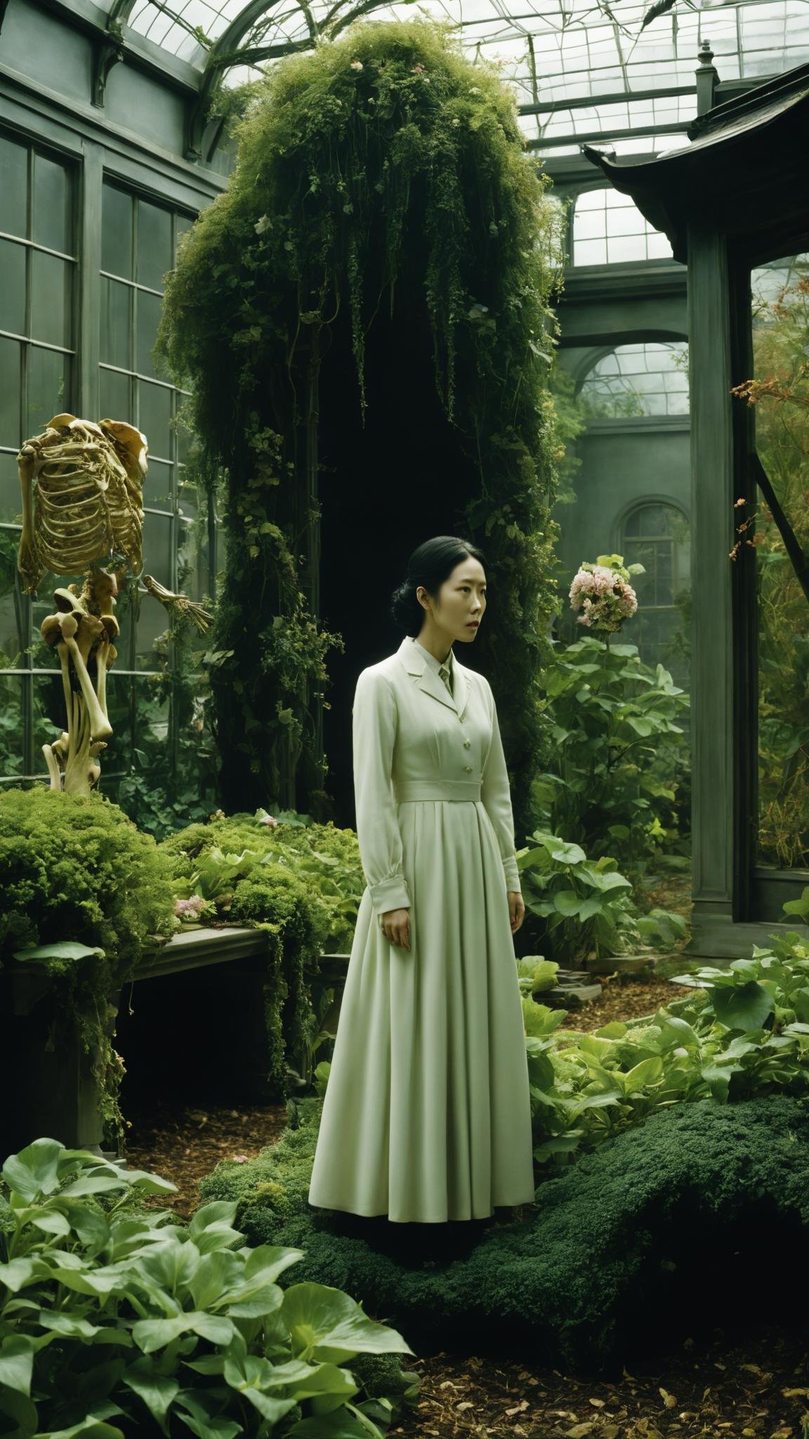 Overgrown botanical garden, mutated flora intertwined with skeletal remains, a lone figure seeking a cure. , cinematic movie by Park Chan-wook , Robert Richardson