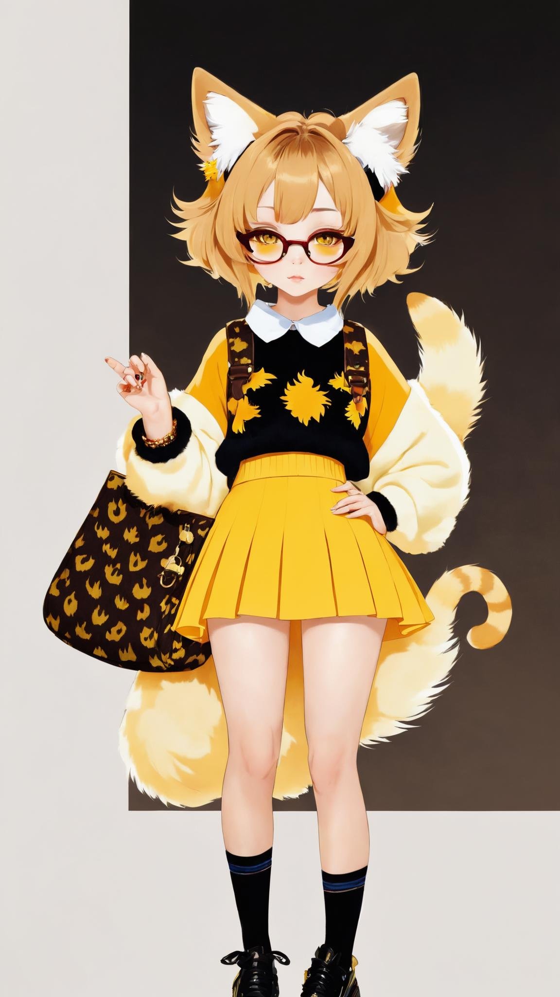 solo, looking at viewer, skirt, simple background, brown hair, shirt, long sleeves, 1boy, white background, holding, animal ears, jewelry, standing, tail, full body, yellow eyes, male focus, multicolored hair, earrings, food, glasses, collared shirt, artist name, cat ears, black skirt, bag, sweater, streaked hair, animal ear fluff, hands up, piercing, floral print, slit pupils, ear piercing, furry, colored sclera, long skirt, yellow shirt, holding bag, furry male, body fur, brown sweater, yellow sclera, yellow sweater, brown fur, paper bag, black fur