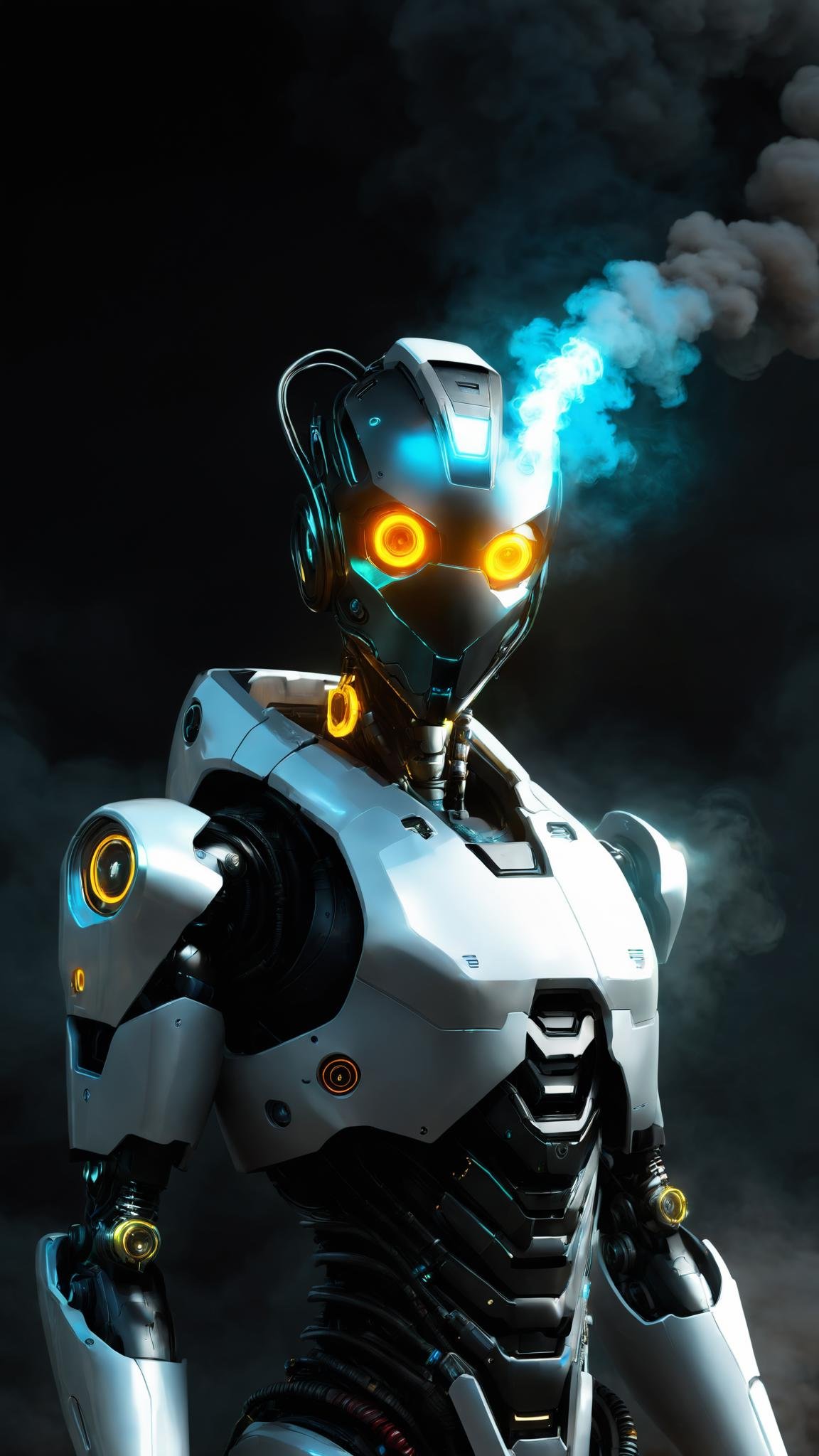 solo, 1boy, upper_body, male_focus, glowing, halo, robot, smoke, science_fiction, realistic, cyberpunk, humanoid_robot