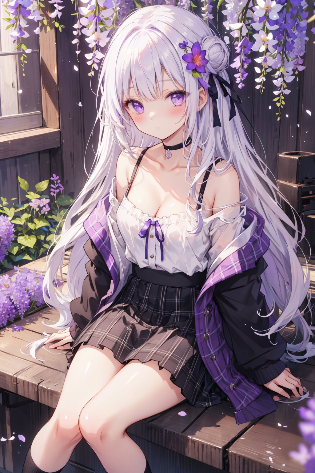 masterpiece, best quality, ultra-detailed, extremely detailed, depth of field, 1girl, solo, long hair, breasts, looking at viewer, blush, white hair, bangs, skirt, shirt, hair ornament, long sleeves, ribbon, cleavage, bare shoulders, medium breasts, sitting, closed mouth, purple eyes, collarbone, jacket, hair ribbon, white shirt, flower, sidelocks, shoes, choker, socks, hair flower, black skirt, off shoulder, hair bun, black footwear, plaid, plaid skirt, hair intakes, purple skirt, purple flower, purple ribbon, wisteria