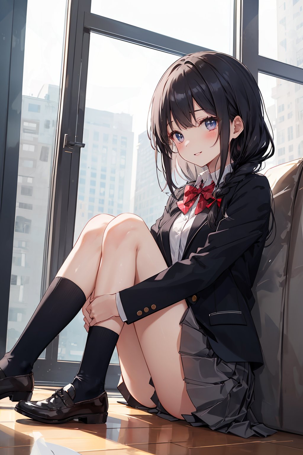masterpiece, best quality, ultra-detailed, extremely detailed, depth of field, 1girl, solo, long hair, looking at viewer, blush, smile, bangs, skirt, shirt, bow, sitting on floor, blazer, jacket, white shirt, braid, pleated skirt, parted lips, socks, collared shirt, black jacket, red bow,  white socks, ((view from below))), knees to chest, knees together feet apart, knees up, leg focus, dynamic angle, sideview