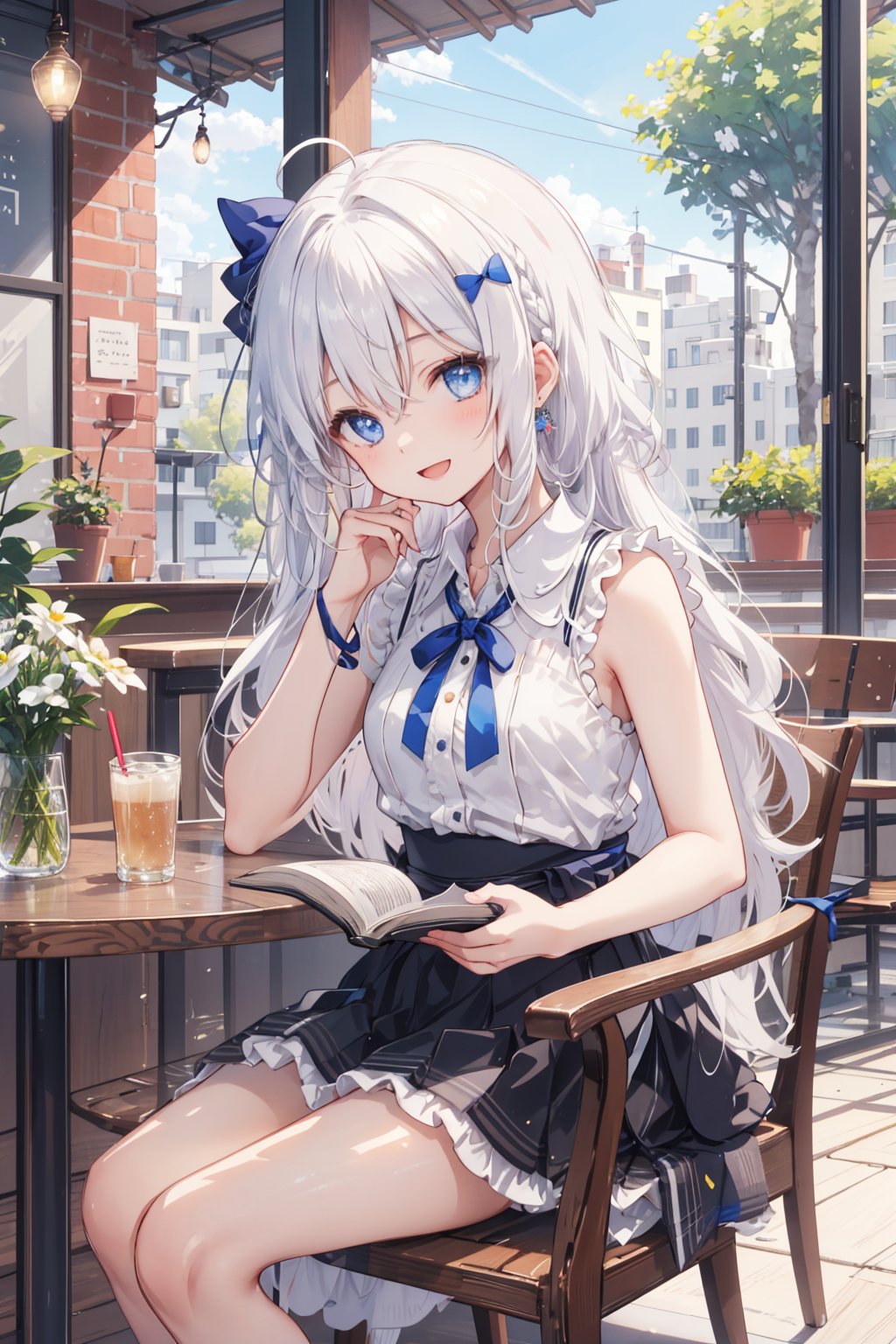 1girl, solo, long hair, breasts, smile, open mouth, bangs, blue eyes, skirt, shirt, bow, ribbon, holding, hair between eyes, bare shoulders, jewelry, sitting, closed mouth, white shirt, braid, ahoge, white hair, short sleeves, :d, hair bow, outdoors, frills, sleeveless, solo focus, day, shiny, collared shirt, indoors, cup, book, bare arms, sleeveless shirt, neck ribbon, chair, table, sunlight, wing collar, brooch, holding book, drinking straw, open book, glass, restaurant, cafe, menu, elaina \(majo no tabitabi\)