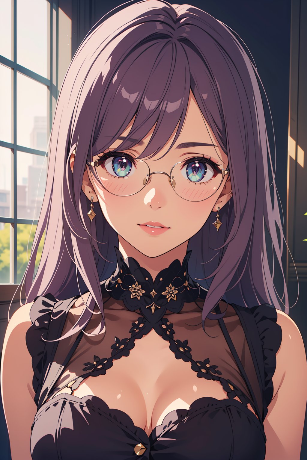 (masterpiece, best quality, 1girl, solo, intricate details, chromatic aberration), realistic, long hair, purple hair, purple head ornament, purple highlights, realistic,( photo-realistic), ultra hireasterpiece, official art, beautiful, detailed face, green eyes, purple full flush hair, glasses, long eyelashes, delicated eyebrows, beautiful  red lips, high detailed eyes,High detailed , hips up shot, wearing black lace blouse with blue buttons