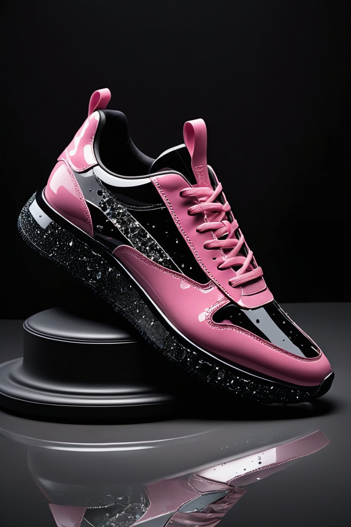 (best quality,8K,highres,masterpiece), ultra-detailed, presenting an edgy sneakers design against a sleek black background. The shoes feature a striking pink theme, with accents of vibrant hues that pop against the dark backdrop. Adding to the allure of the design, shattered fragments of glass are artfully integrated into the composition, lending a sense of urban grit and sophistication. The broken glass elements are meticulously crafted, with jagged edges and reflective surfaces that catch and refract light in captivating ways. Despite the apparent chaos of the shattered glass, there's a sense of cohesion and harmony in the overall design, creating a visually arresting contrast between strength and fragility. These sneakers embody the spirit of boldness and resilience, making a powerful statement of individuality and style. This artwork celebrates the beauty of contrasts, inviting the viewer to embrace both the darkness and the light within.