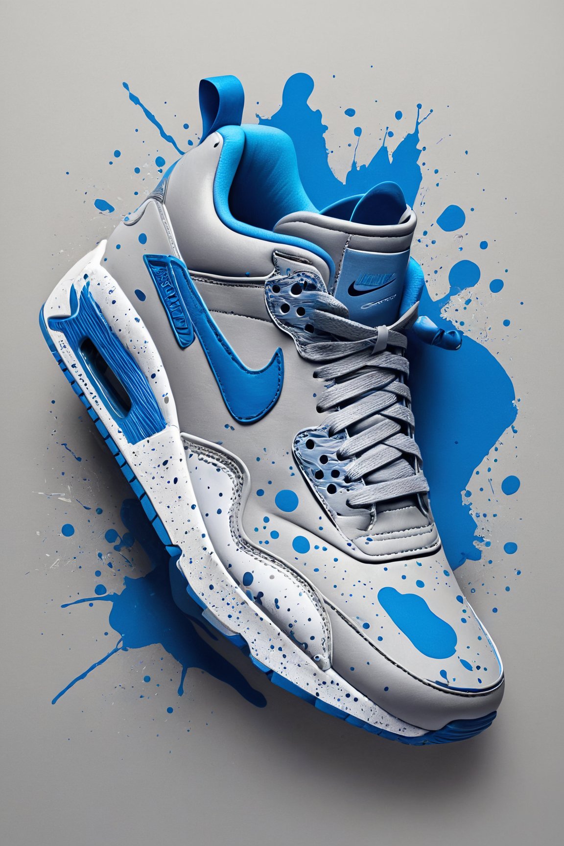 (best quality,8K,highres,masterpiece), ultra-detailed studio photography showcasing a sleek sneakers design against a simple grey background. The image features sneakers with a blue theme, accentuated by subtle paint splatter details, adding a touch of vibrancy and personality to the design. The minimalist background allows the sneakers to take center stage, highlighting their craftsmanship and style. This artwork captures the essence of modern sneaker culture, presenting a visually striking composition that is both refined and contemporary.