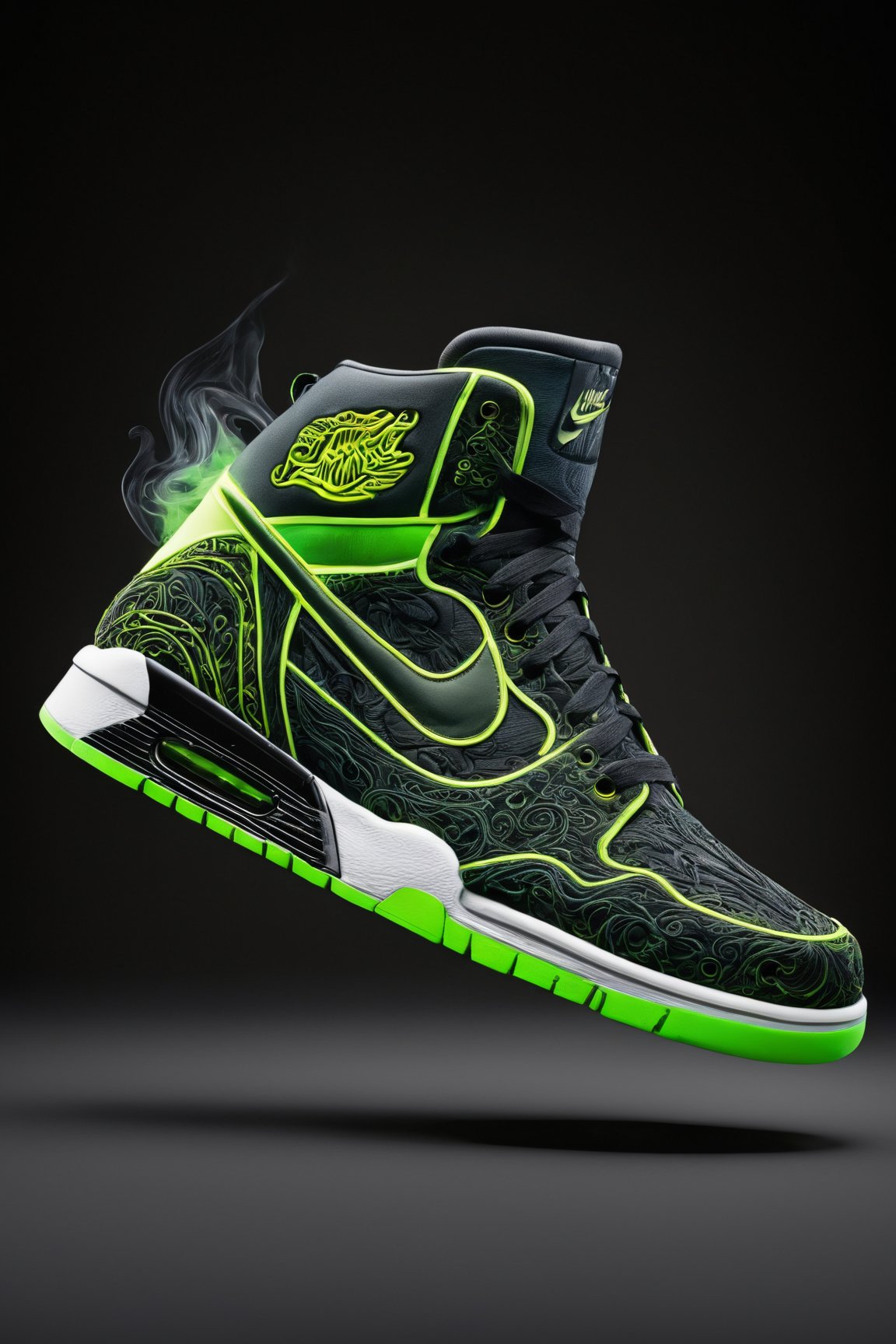 (best quality,8K,highres,masterpiece), ultra-detailed,showcasing the design process of sneakers with a focus on dynamic elements such as electricity waves and smoke. The image captures the essence of creativity and innovation in sneaker design, with the sneakers themselves being the central focus. Electricity waves emanate from the sneakers, symbolizing energy and movement, while smoke adds an air of mystery and dynamism to the scene. The intricate details of the design process are highlighted, from the stitching on the fabric to the texture of the sole, creating a visually captivating narrative of craftsmanship and style. This artwork is a testament to the fusion of fashion and technology, showcasing the evolution of sneaker design in a visually stunning and immersive way.