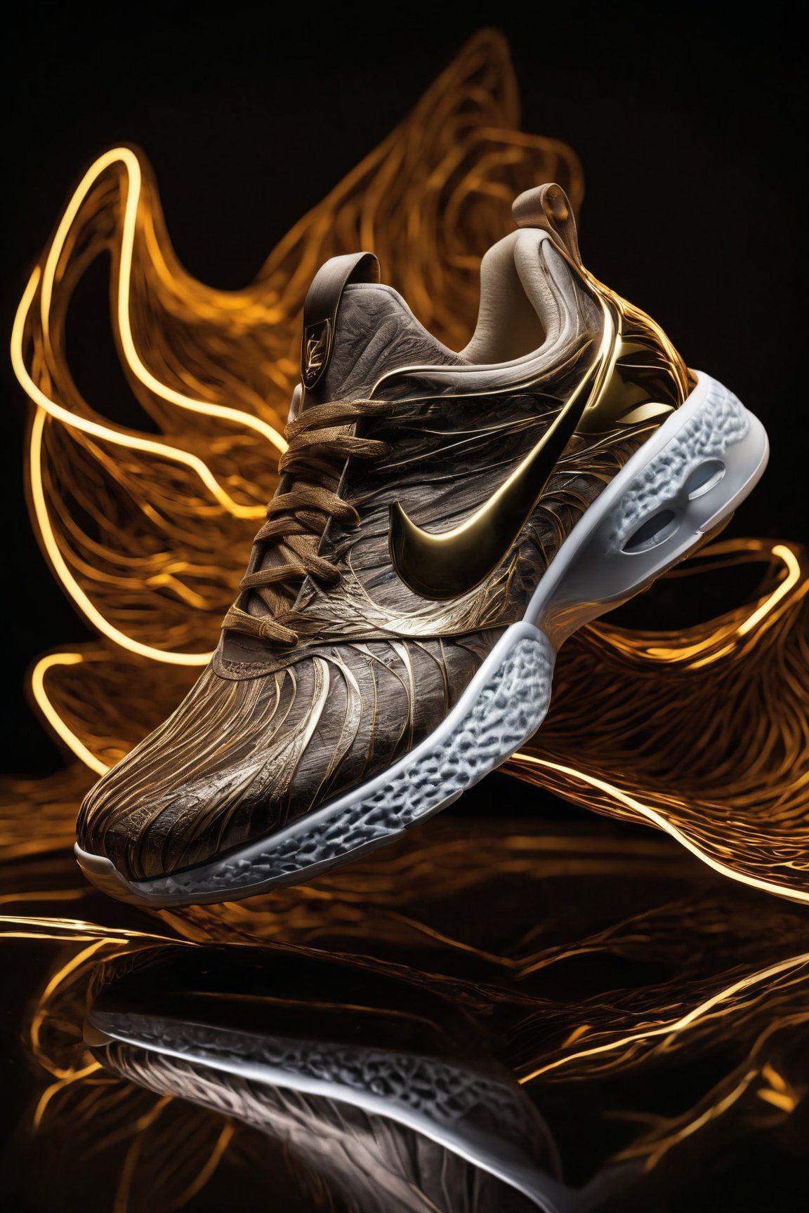 (best quality,8K,highres,masterpiece), ultra-detailed studio photography featuring a cutting-edge sneakers design. The image showcases sneakers enveloped in dynamic electricity waves, evoking a sense of energy and innovation. A subtle smokey effect adds depth and mystique to the scene, enhancing the visual impact of the design. The studio environment provides a controlled setting to highlight the intricate details of the sneakers, allowing their craftsmanship to shine. This artwork captures the fusion of technology and style in sneaker design, presenting a visually captivating composition that is both modern and impactful.