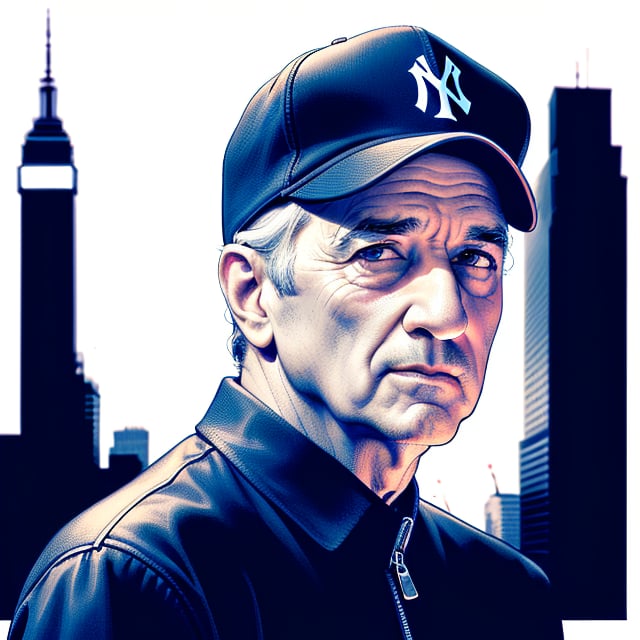 Full to medium upper body crosshatching portrait of Robert De Niro in a Blue Yankees Baseball Cap, a XTCH illustration. Partially shaded face, monochrome, red theme, spot color, line art, limited palette, ultra detailed hatching in shadow areas, NYC in background, intricately detailed layers of crosshatched lines, 8K, masterpiece, XTCH, crosshatching, illustration, portrait, 