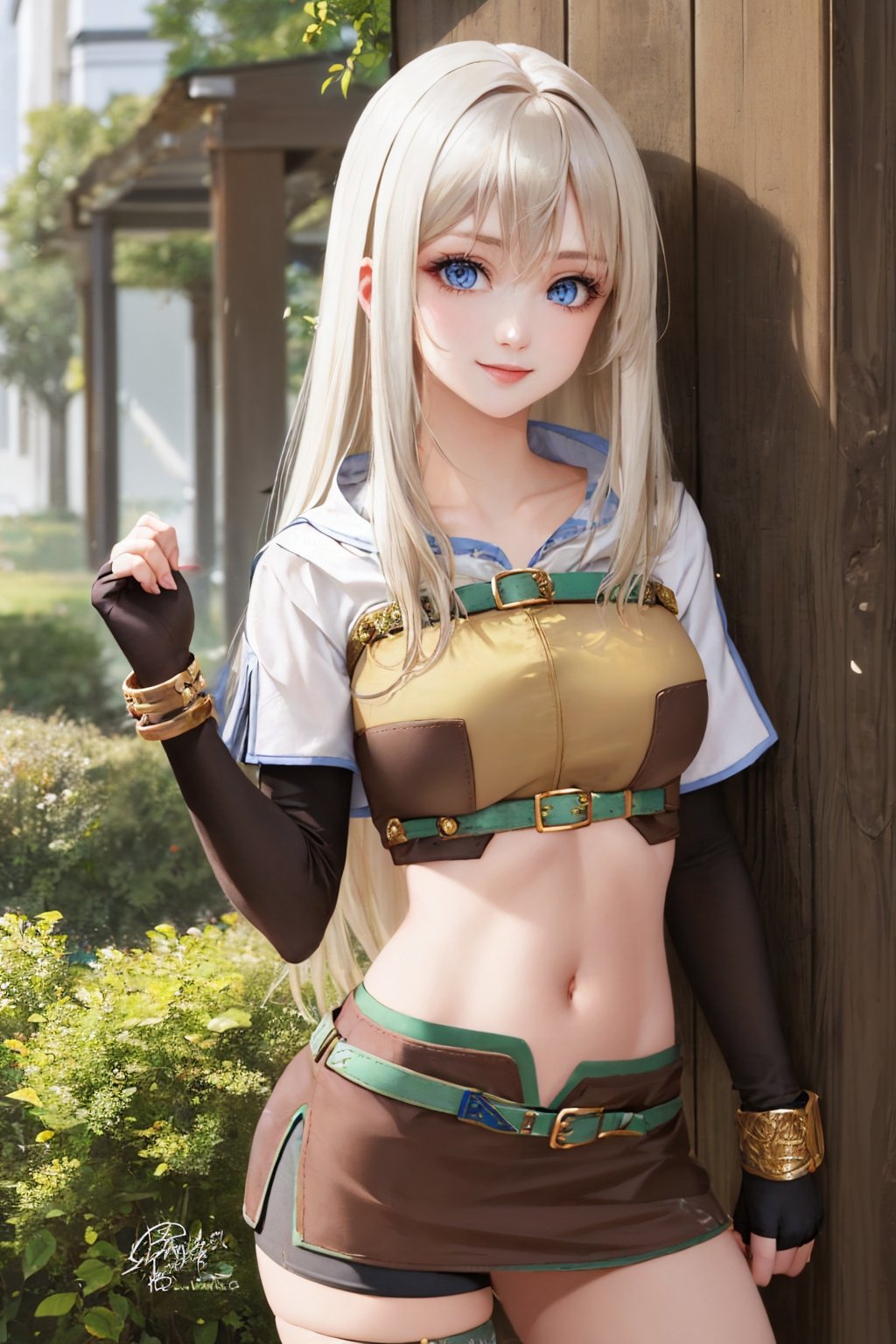 (masterpiece, best quality:1.2), solo, 1girl, smile, looking at viewer, long hair, white hair, blue eyes, ragnarokhunter <lora:attire_ro_hunter:1.0>