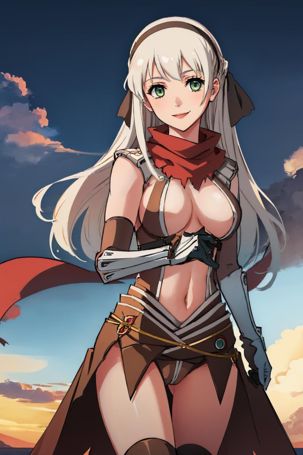 (masterpiece, best quality:1.2), cowboy shot, solo, 1girl, elie macdowell, smile, looking at viewer, hair ribbon, hairband, green eyes, ragnarokascross, gloves, vambraces, red scarf, large breasts <lora:elie-nvwls-v2-zero:0.8> <lora:attire_ro_assassincross-10:1>