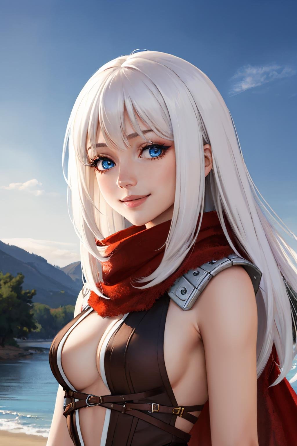 (masterpiece, best quality:1.2), solo, 1girl, smile, looking at viewer, long hair, white hair, blue eyes, ragnarokascross, red scarf <lora:attire_ro_assassincross-10:1>