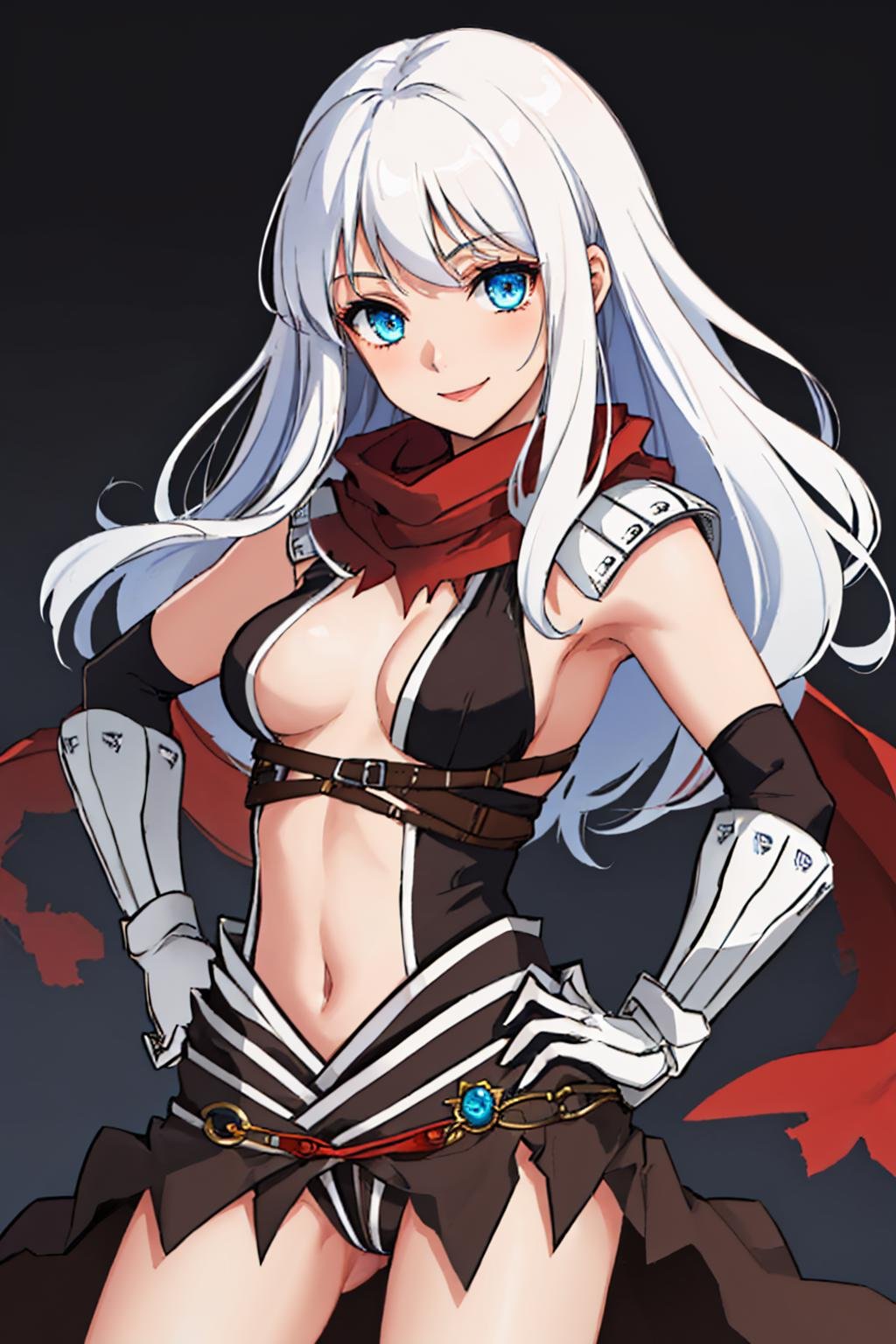 (masterpiece, best quality:1.2), cowboy shot, solo, 1girl, smile, looking at viewer, hand on hip, long hair, white hair, blue eyes, ragnarokascross, gloves, vambraces, red scarf <lora:attire_ro_assassincross-10:1>