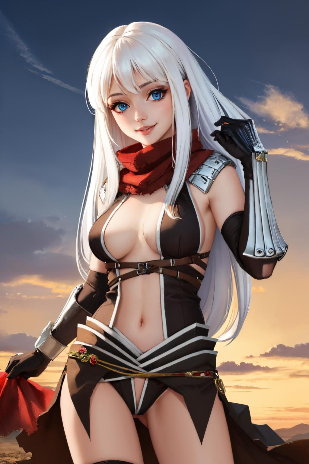 (masterpiece, best quality:1.2), cowboy shot, solo, 1girl, smile, looking at viewer, long hair, white hair, blue eyes, ragnarokascross, gloves, vambraces, red scarf <lora:attire_ro_assassincross-10:1>