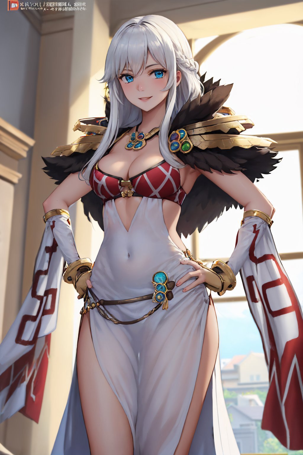(masterpiece, best quality:1.2), cowboy shot, solo, 1girl, smile, looking at viewer, hands on hips, long hair, white hair, blue eyes, ragnaroksorc <lora:attire_ro_sorcerer:1.0>