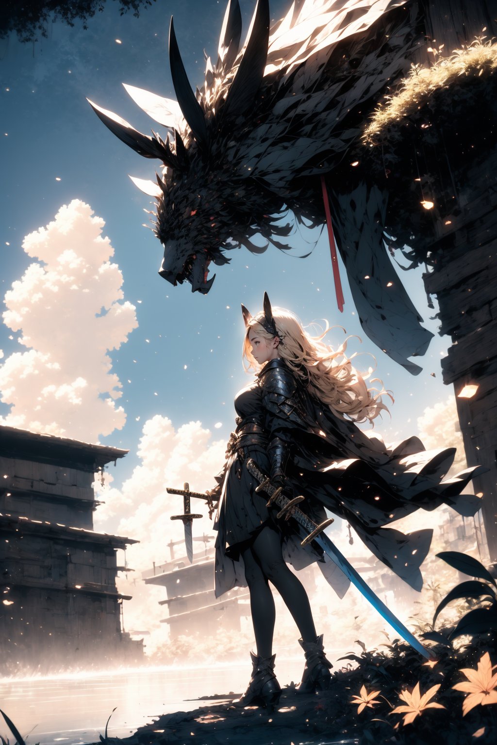 1girl, weapon, long hair, armor, blonde hair, sword, headpiece, gauntlets, flag, outdoors, armored dress, sheath, standing, army, yellow eyes, profile, holding, sky, capelet, sheathed, banner, dress, floating hair, grass, solo, cloud, black dress, solo focus, from side, holding weapon, planted, breasts, faulds, wind