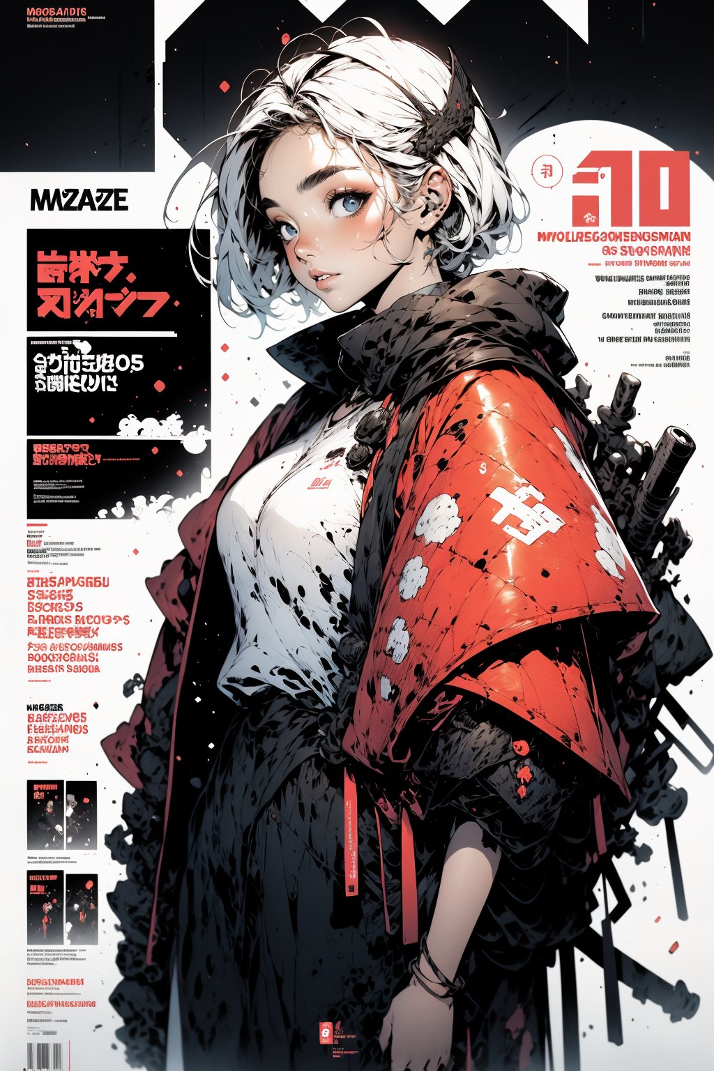 (magazine cover:1.5), 1girl, wavy short hair, white hair