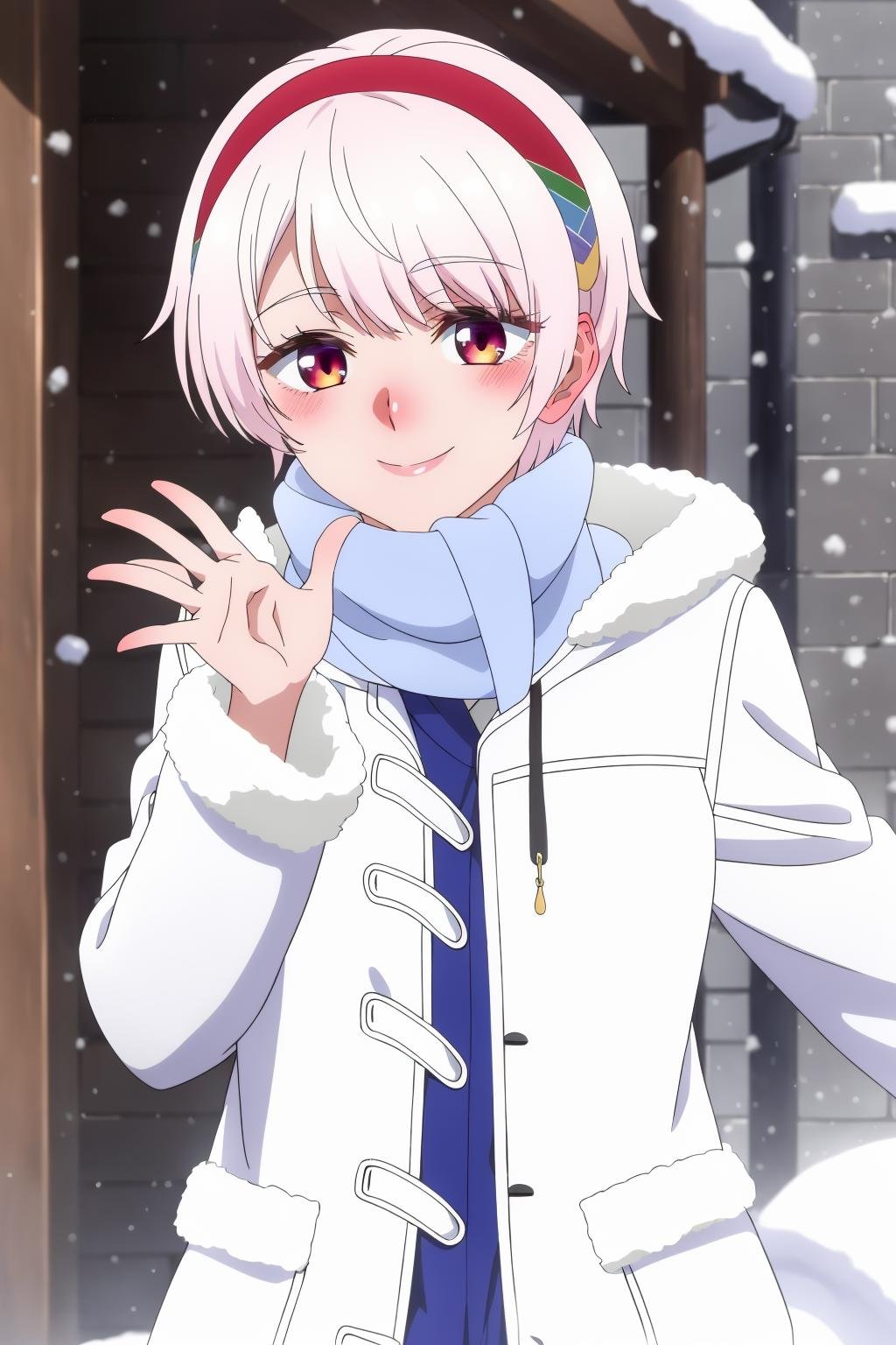 ((best quality)),((highly detailed)),masterpiece,absurdres,detailed face,beautiful face,(detailed eyes, deep eyes),1girl,((dynamic pose)) ,   <lora:RenaV1-000008:0.8>Rena, solo, white hair, smile, scarf, short hair, red eyes, coat, hairband, looking at viewer, winter clothes, winter coat, snow, fur trim, blush, blue scarf, upper body, jacket, outdoors, snowing, long sleeves, white coat, closed mouth, bangs, hand up, open clothes, red hairband, winter, headband, hood, lips