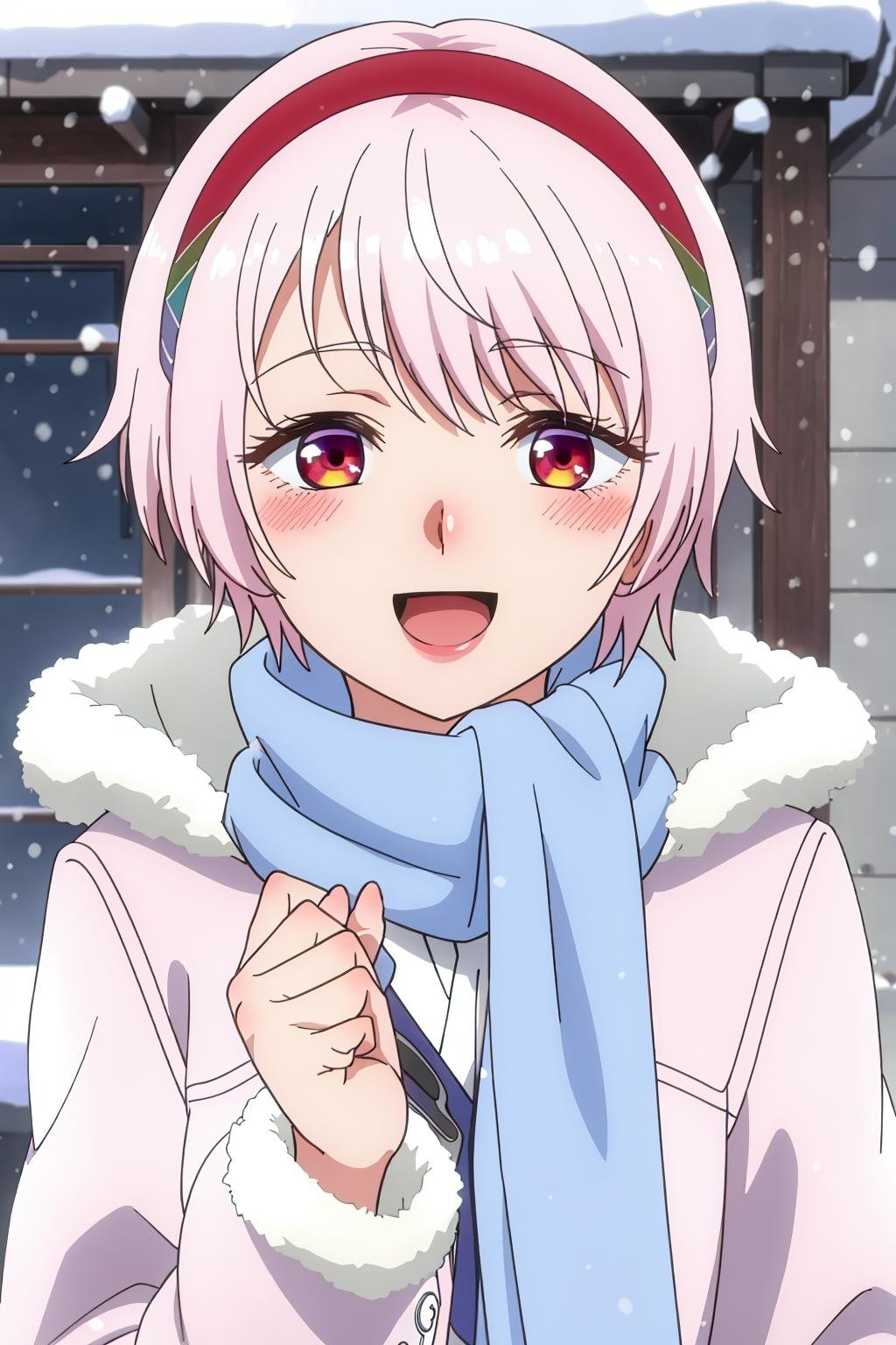 ((best quality)),((highly detailed)),masterpiece,absurdres,detailed face,beautiful face,(detailed eyes, deep eyes),1girl,((dynamic pose)) ,   <lora:RenaV1-000008:0.8>Rena, white hair, solo, scarf, red eyes, smile, hairband, coat, open mouth, short hair, snow, looking at viewer, winter clothes, :d, winter coat, snowing, fur trim, blue scarf, red hairband, upper body, multicolored hair, blush, long sleeves, winter, jacket