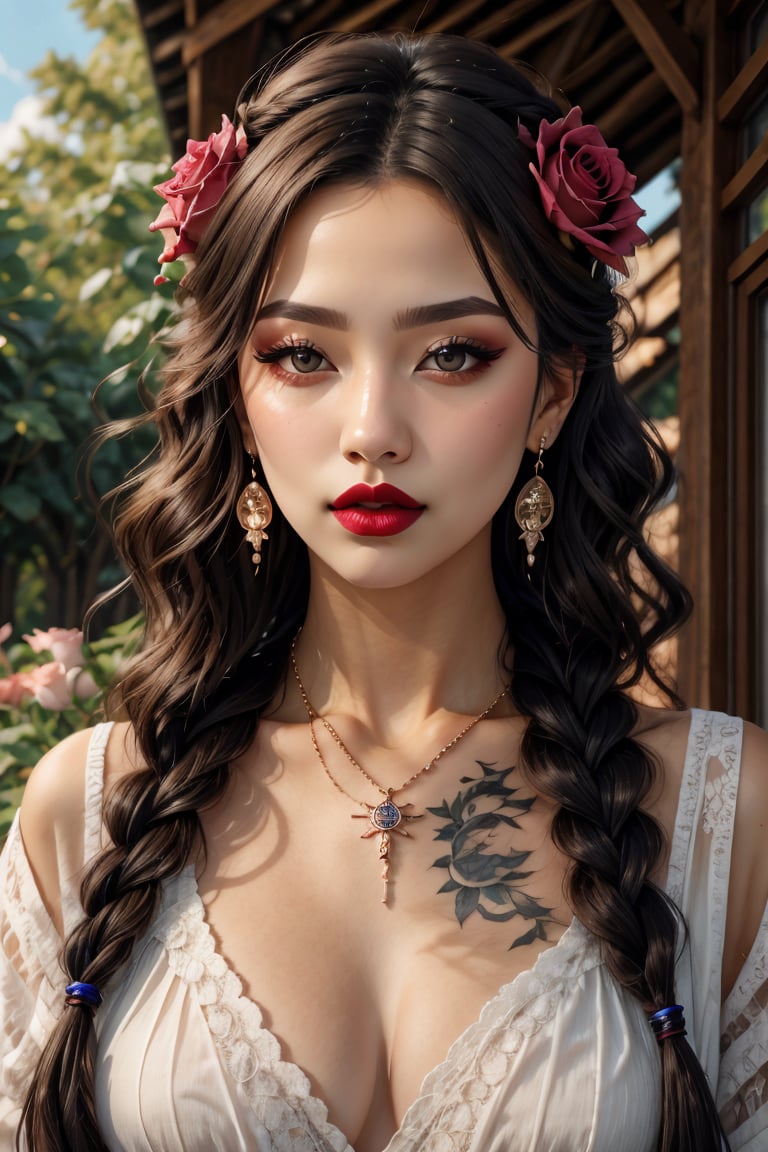 (best quality, 4k, 8k, highres, masterpiece:1.2), ultra-detailed, (realistic, photorealistic, photo-realistic:1.37), 1girl,solo,long hair,breasts,black hair,hair ornament,dress,cleavage,brown eyes,jewelry,medium breasts,upper body,braid,flower,earrings,outdoors,sky,day,cloud,hair flower,necklace,blue sky,lips,tattoo,makeup,rose,facial mark,piercing,lipstick,hair over shoulder,realistic,nose,nose piercing,lip piercing
