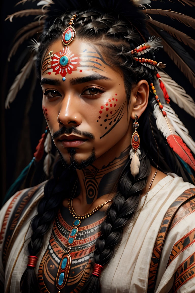 (best quality, 4k, 8k, highres, masterpiece:1.2), ultra-detailed, (realistic, photorealistic, photo-realistic:1.37), solo,long hair,black hair,1boy,jewelry,upper body,braid,male focus,earrings,dark skin,necklace,twin braids,tattoo,facial hair,dark-skinned male,feathers,beard,realistic,headdress,facepaint,tribal,native american,multiple braids