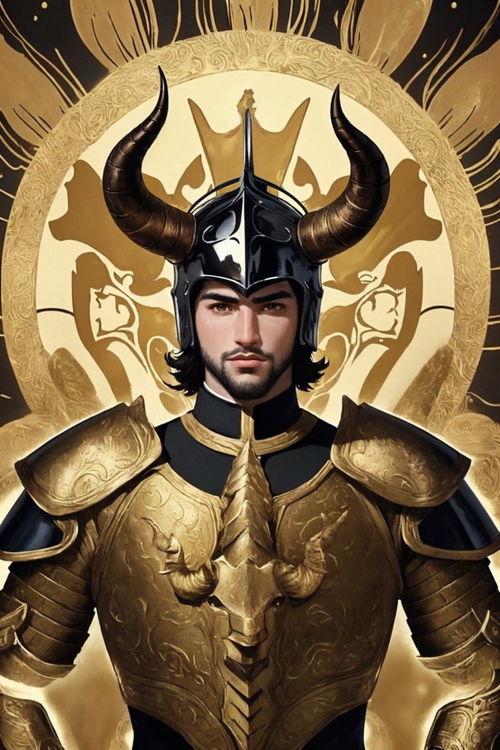 El Cid of Capricorn, a handsome 21-year-old man. He has thick black hair, brown eyes. He wears a helmet with fake horns. He wears a golden capricorn armor, El Cid,portrait,fantasy,Color Booster