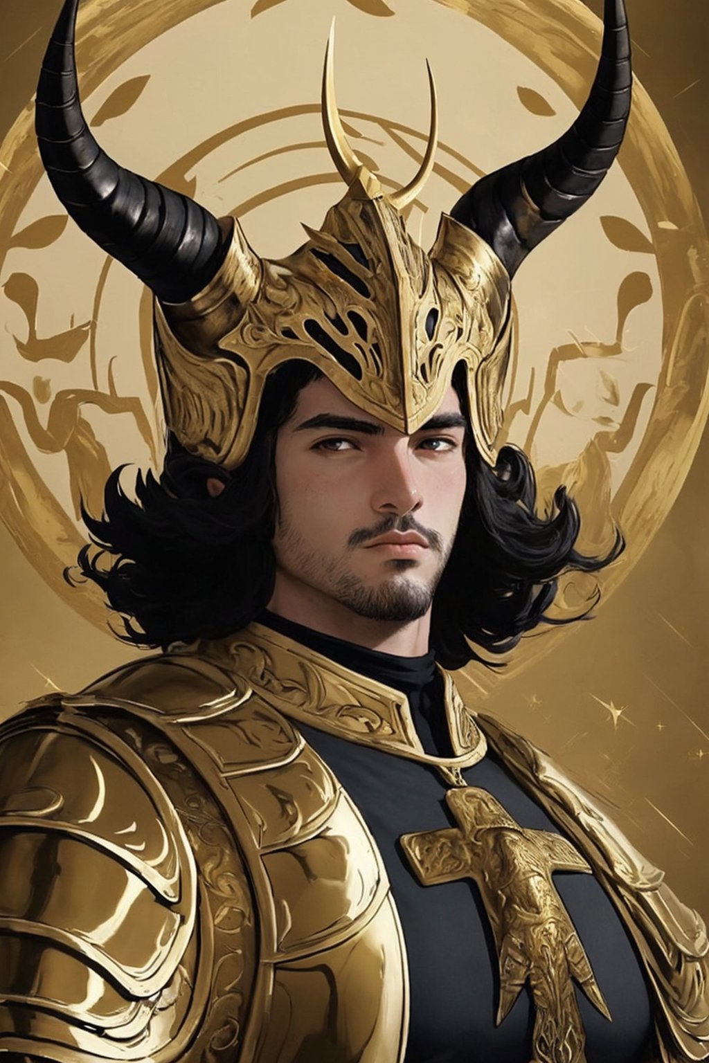 El Cid of Capricorn, a handsome 21-year-old man. He has thick black hair, brown eyes. He wears a helmet with fake horns. He wears a golden capricorn armor, El Cid,portrait,fantasy,Color Booster