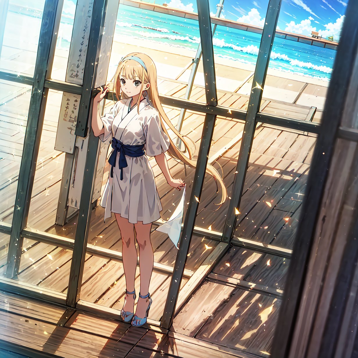 ((masterpiece, best quality, highres)), perfect face, 1girl, solo, very long hair, long golden hair, With a hairband, nude, On the beach, clean background, Kyoto animation style,best quality,Tachikawa Ayaka,Saito Nicole