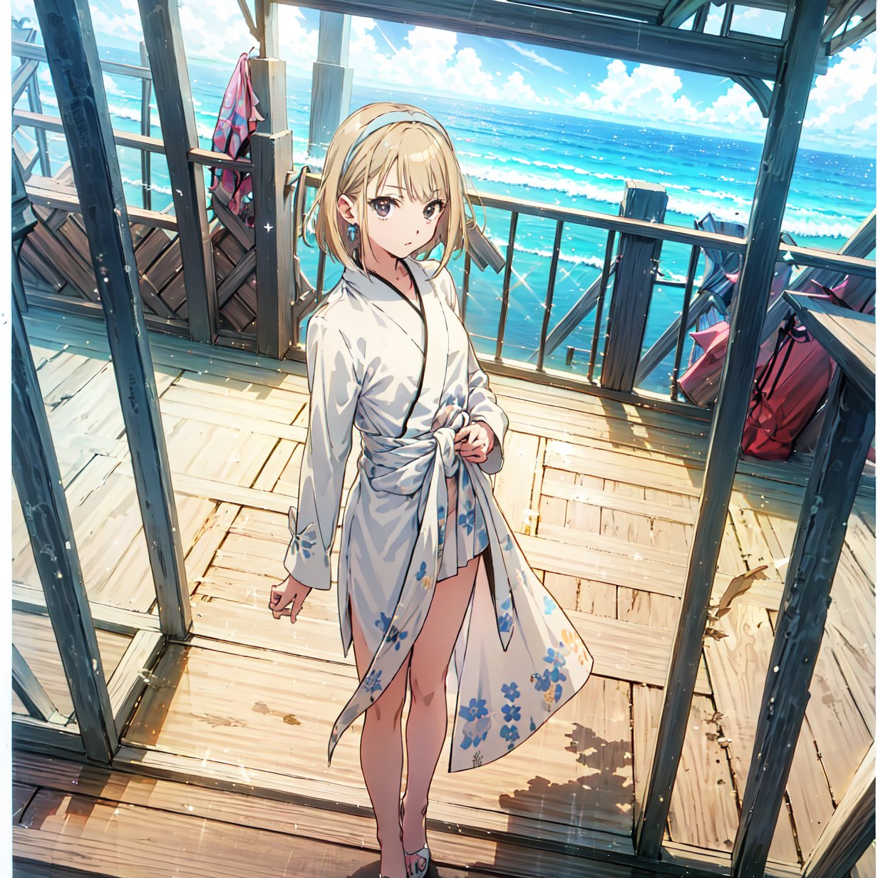 ((masterpiece, best quality, highres)), perfect face, 1girl, solo, Bob cut, short hair,With a hairband, nude, On the beach, clean background, Kyoto animation style,best quality,Tachikawa Ayaka,Saito Nicole