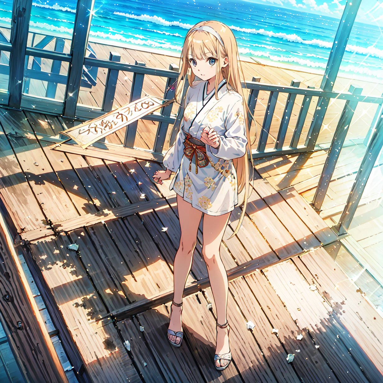 ((masterpiece, best quality, highres)), perfect face, 1girl, solo, very long hair, long golden hair, With a hairband, nude, On the beach, clean background, Kyoto animation style,best quality,Saito Nicole