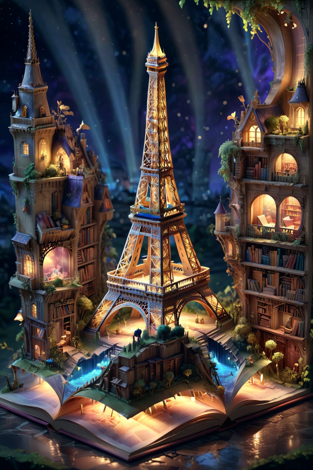 an open BookScenic with a picture of a Eiffel tower, stunning fantasy 3d render, night background, flash image, safari background, projection mapping, or perhaps a fairy tale, France, designed in blender,BookScenic,3d style,3d isometric,