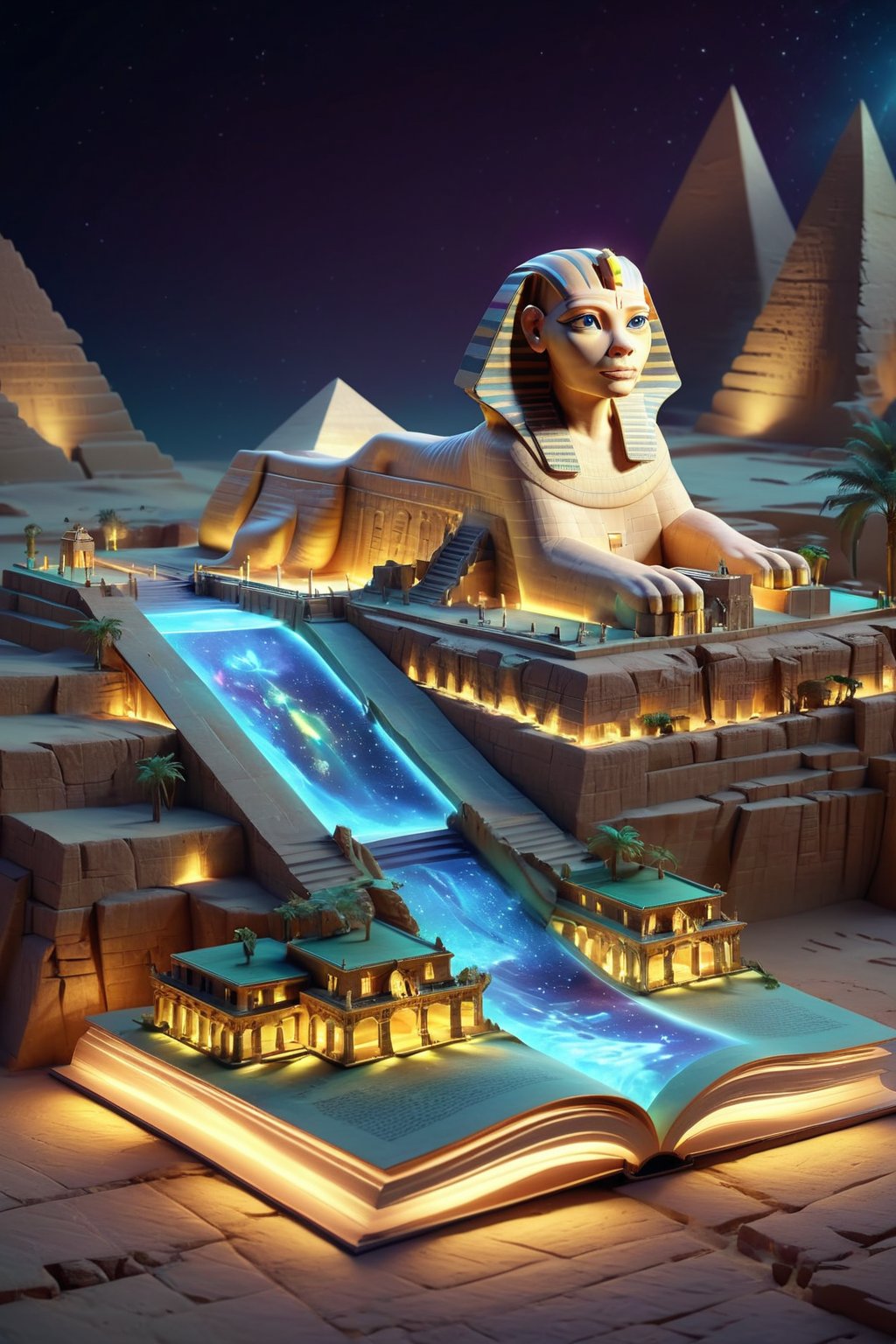 an open BookScenic with a picture of Great Sphinx, stunning fantasy 3d render, night background, flash image, safari background, projection mapping, or perhaps a fairy tale, Egypt, designed in blender,BookScenic,3d style,3d isometric,