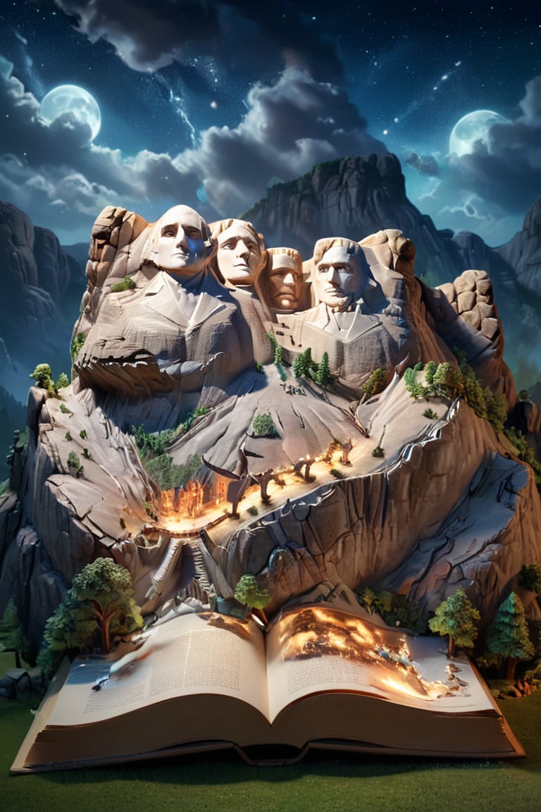 an open BookScenic with a picture of a Mount Rushmore, stunning fantasy 3d render, night background, flash image, safari background, projection mapping, or perhaps a fairy tale, American, designed in blender,BookScenic,3d style,3d isometric,