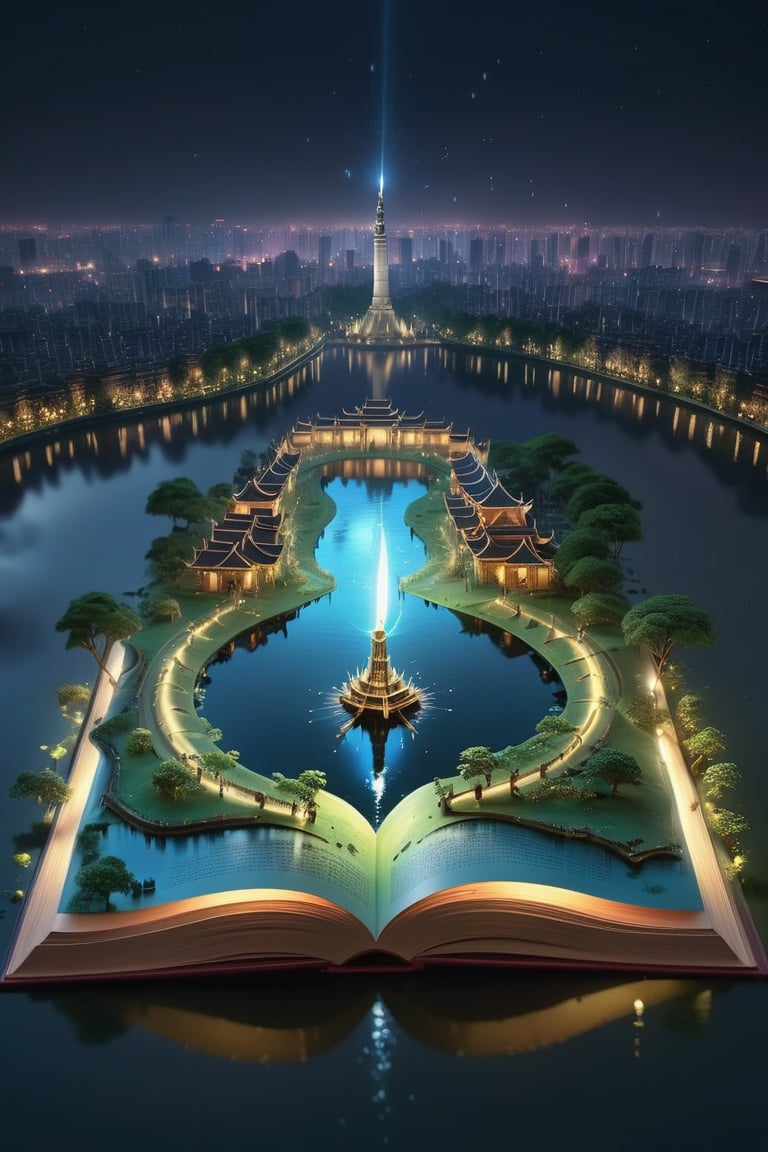 an open BookScenic with a picture of a Sword Lake-heart of Hanoi on it, stunning fantasy 3d render, showing city, night background, flash image, safari background, projection mapping, or perhaps a fairy tale, Hanoi, designed in blender,BookScenic,3d style
