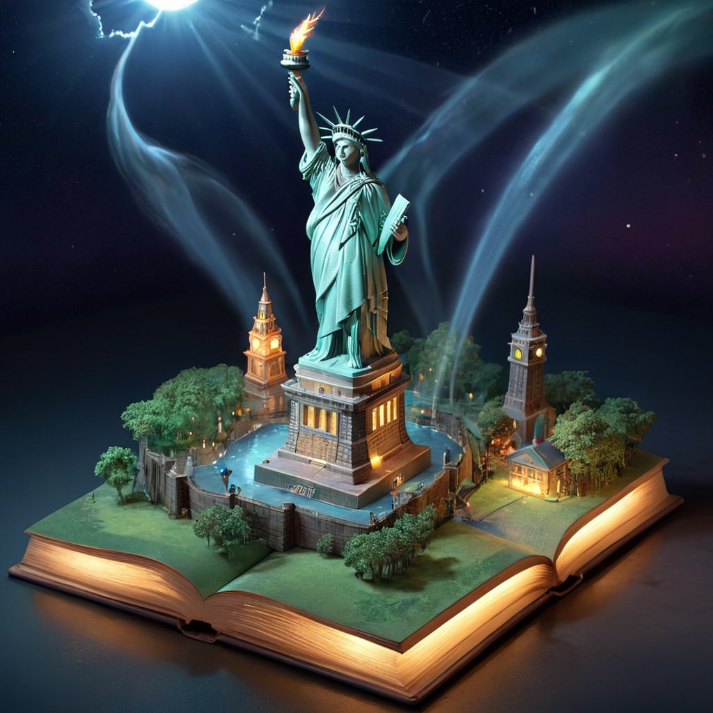 an open BookScenic with a picture of a Statue of Liberty, stunning fantasy 3d render, night background, flash image, safari background, projection mapping, or perhaps a fairy tale, Newyork, designed in blender,BookScenic,3d style,3d isometric,greg rutkowski