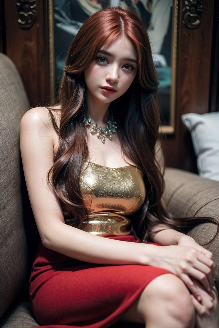 Realistic, Beautiful Female long red hair ,fantasy dress