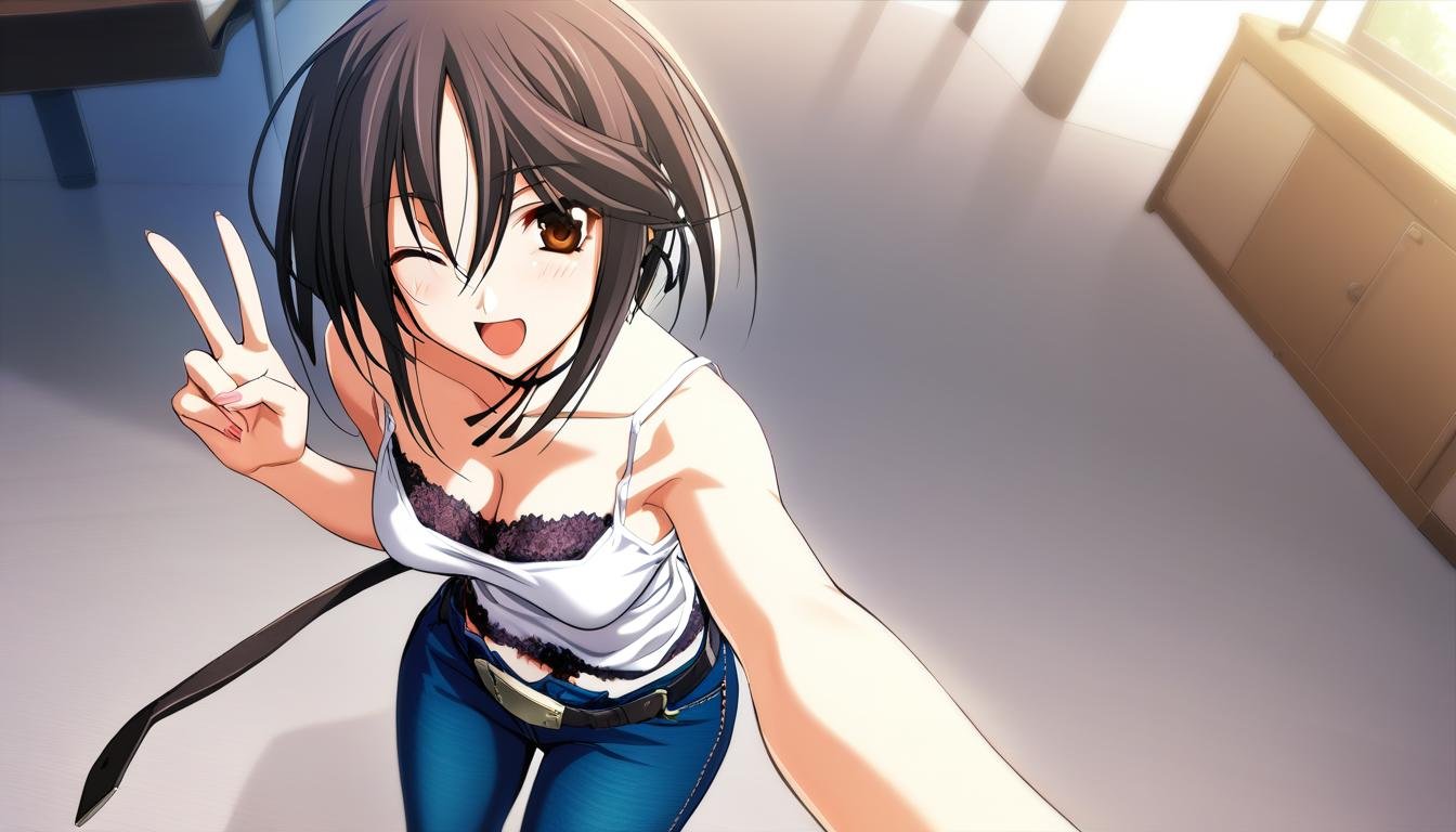 1girl,Sendou Mahiro,white camisole with black lace,jeans,belt,black neck ribbon,one eye closed,;d,cleavage,breasts,navel,v,looking at viewer,masterpiece,best quality,game cg,(detailed beautiful eyes:1.2),(beautiful face:1.2),<lora:SendouMahiroXL:1>,