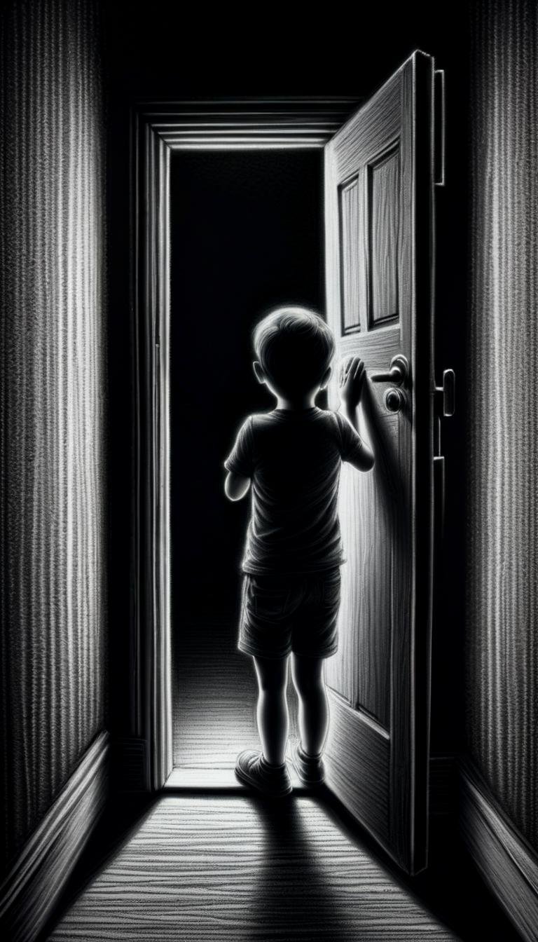 monochrome greyscale noise grainy dirty charcoal drawing of <lora:CharcoalDarkStyleXL:1>CharcoalDarkStyle a child drawing a doorway on a wall, revealing a hidden world dark black background black vignette